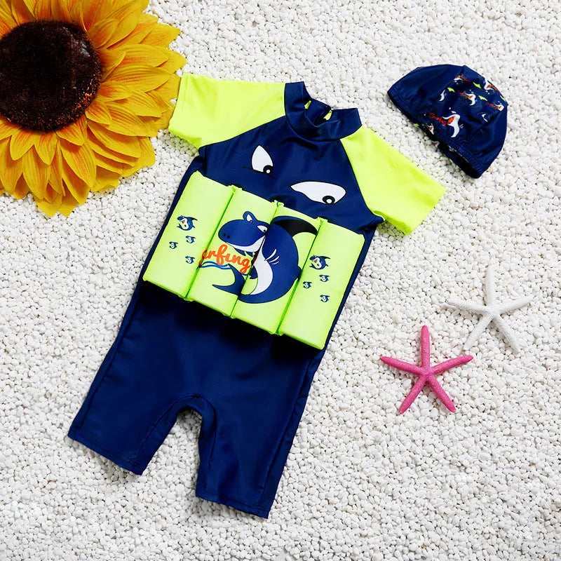 Shark Boy cartoon print one-piece buoyancy swimsuit with sun protection on a mannequin