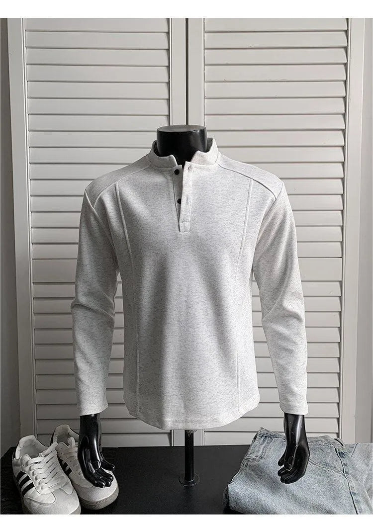 Men's asymmetric patchwork stand-up collar polo shirt in Chinese cotton fabric with loose fit