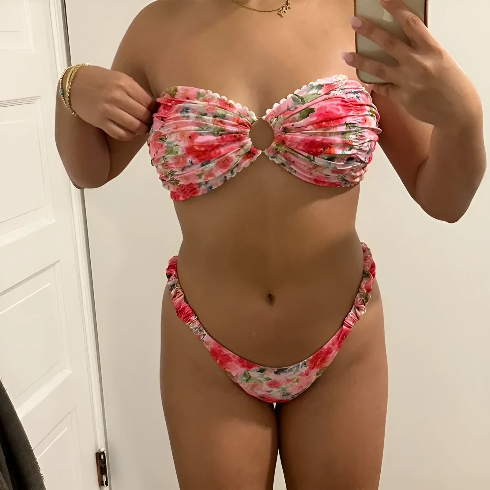Women's floral lace bikini set with tube top and briefs in blue colour