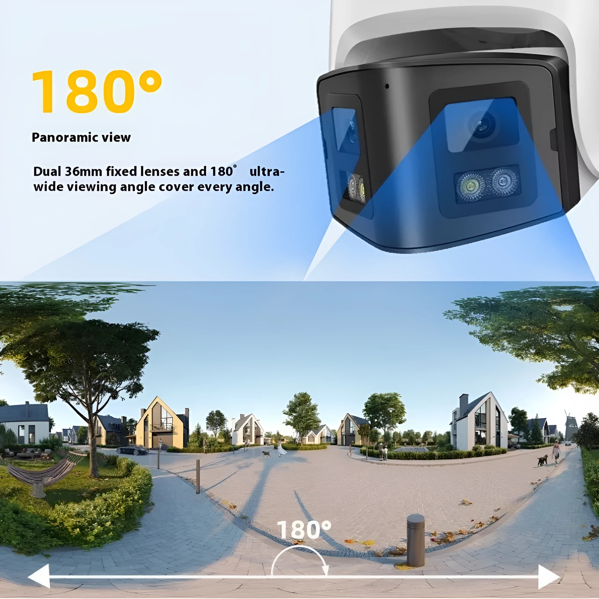 4MP dual-lens panoramic CCTV security camera with IP66 rating for outdoor use.