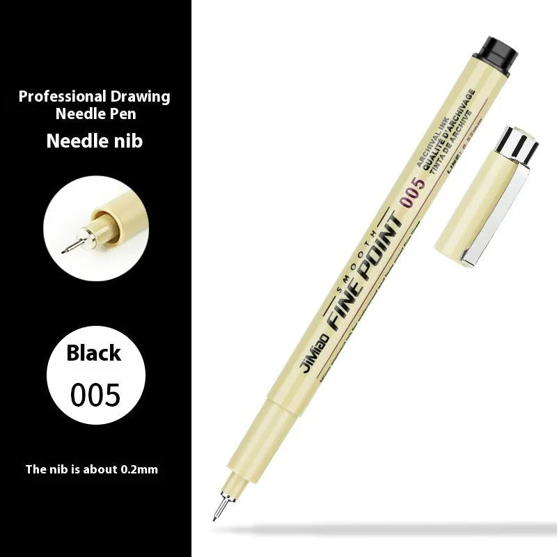 Needle pen with cartoon syringe design showing 133mm black plastic body for drawing and writing