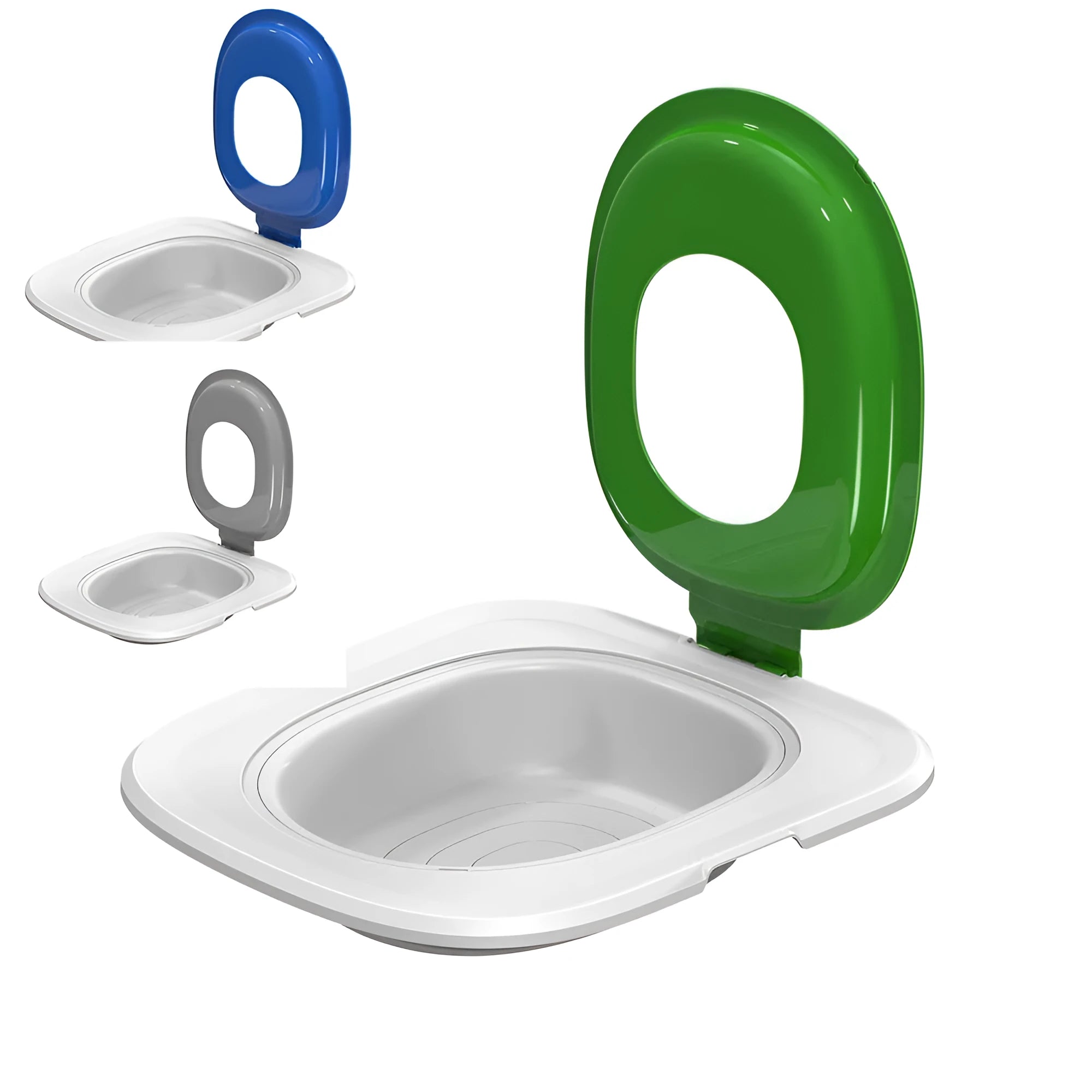 Fifth generation cat toilet trainer in blue ABS plastic with new shape design for litter training on a white background