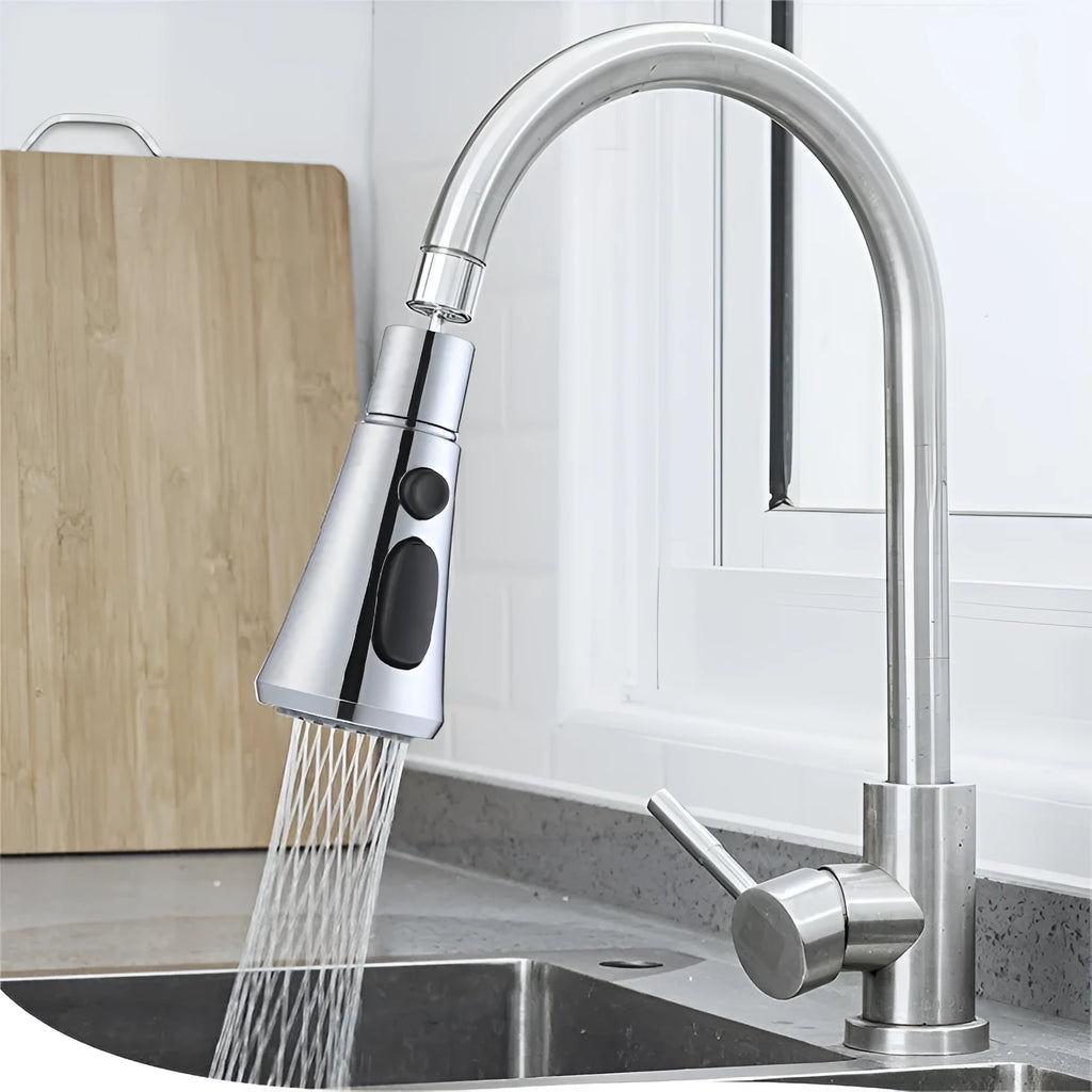 Silver universal pressurised kitchen faucet sprayer with rotating head and three-mode selector