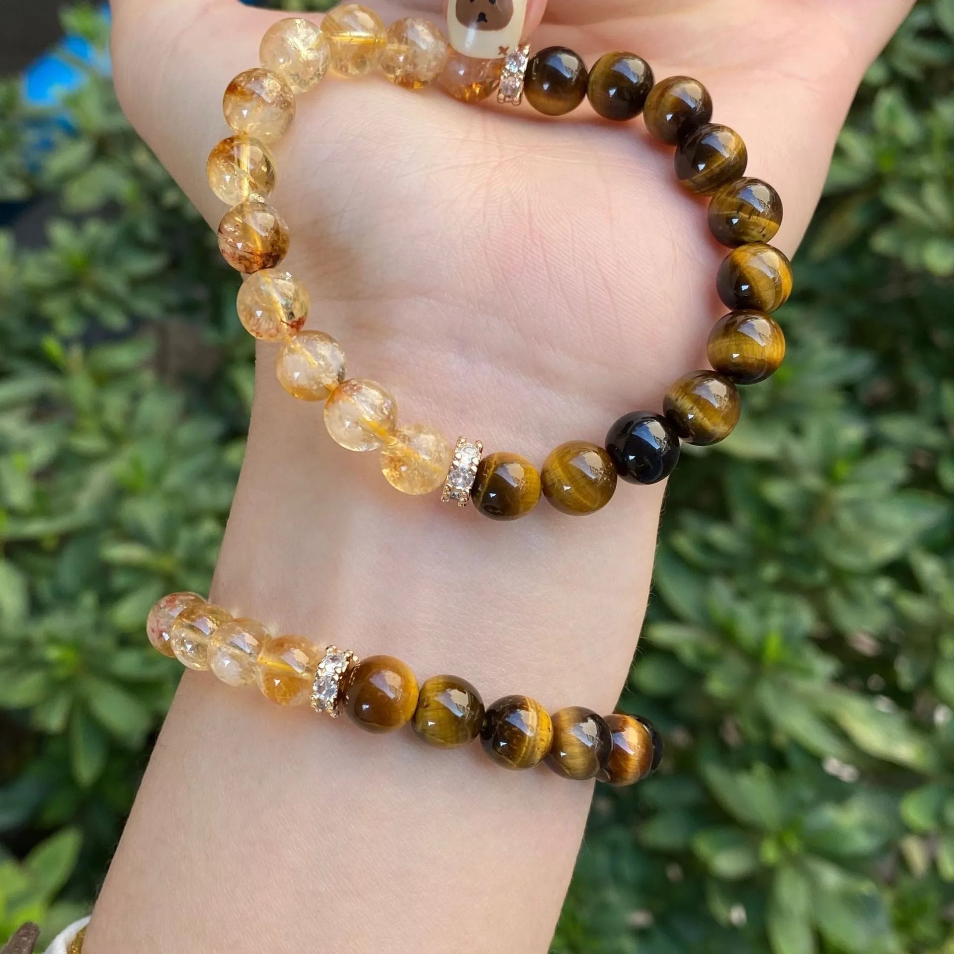 Handmade unisex citrine diamond gourd bracelet with mixed 10mm and 8mm electroplated crystal beads