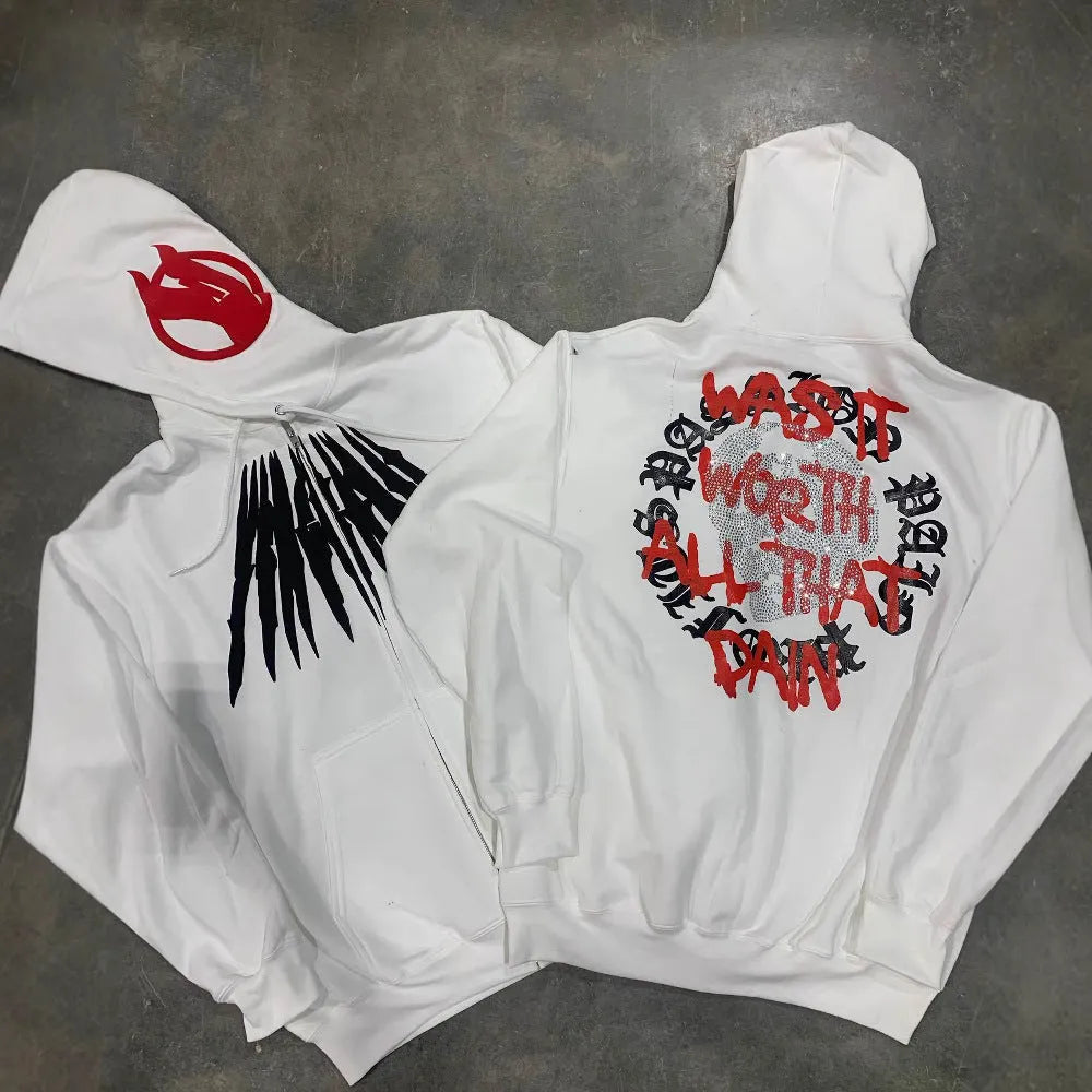 Black loose hooded sweatshirt cardigan with a white printed skull and letter design, featuring rhinestone details.
