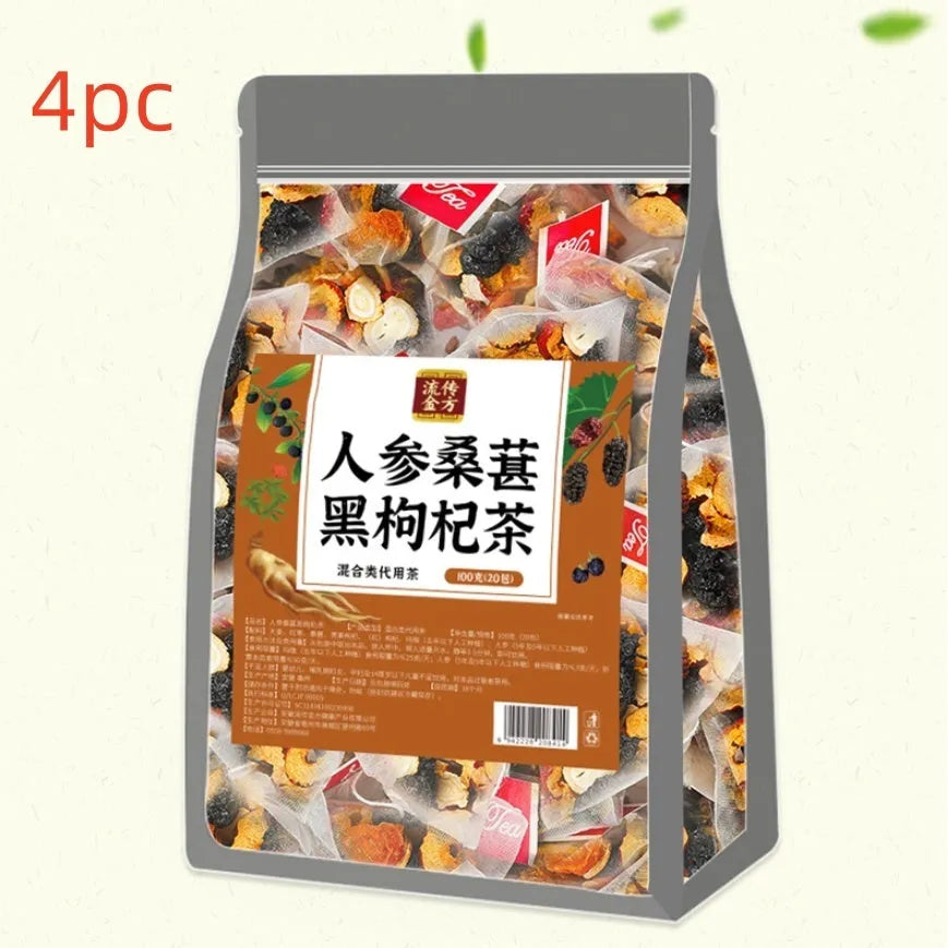 Box of 40 individual ginseng, mulberry and black wolfberry tea sachets, total weight 200g.