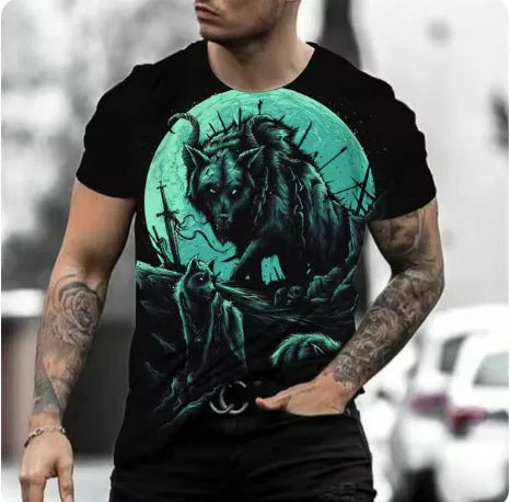 Men's retro 3D animal print short-sleeve t-shirt on a hanger, showing bird eye cloth fabric.
