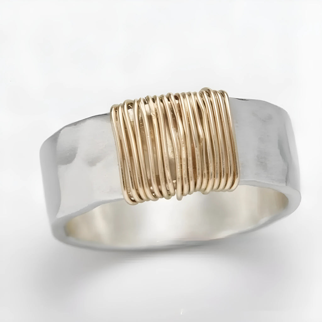 Copper simple bracelet with a geometric vintage ring design in a silver gold electroplated finish.
