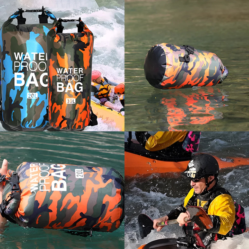 Outdoor waterproof camouflage polyester double shoulder backpack in green, with roll-top closure and foldable design