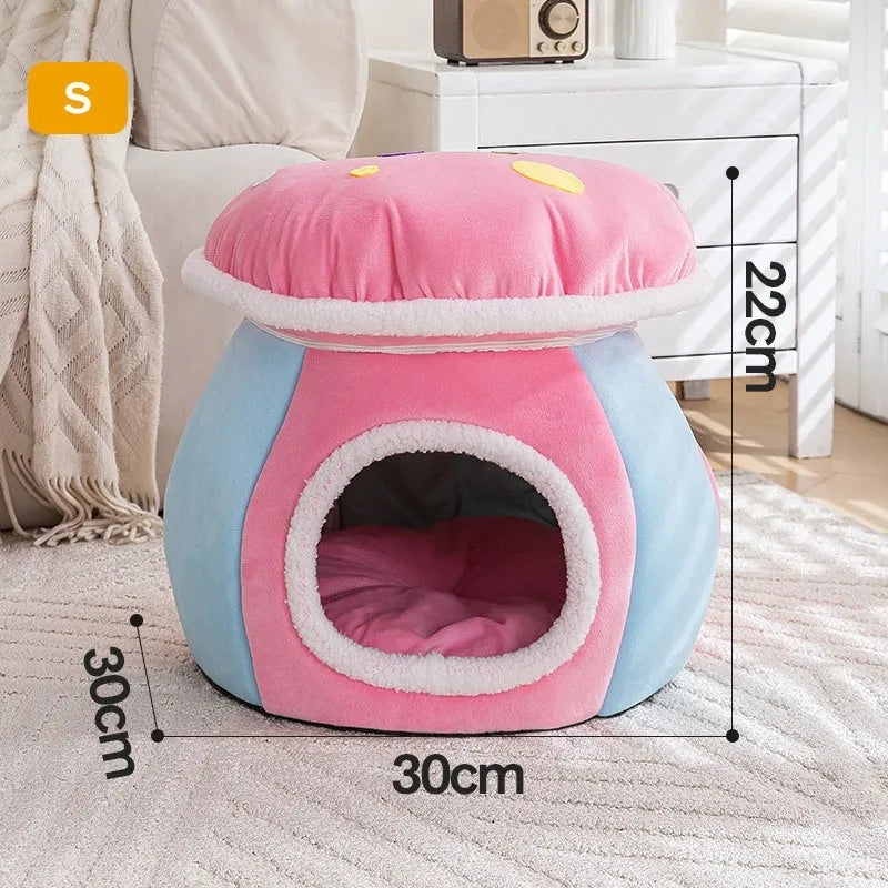Mushroom-shaped plush cat bed in grey colour with detachable blanket