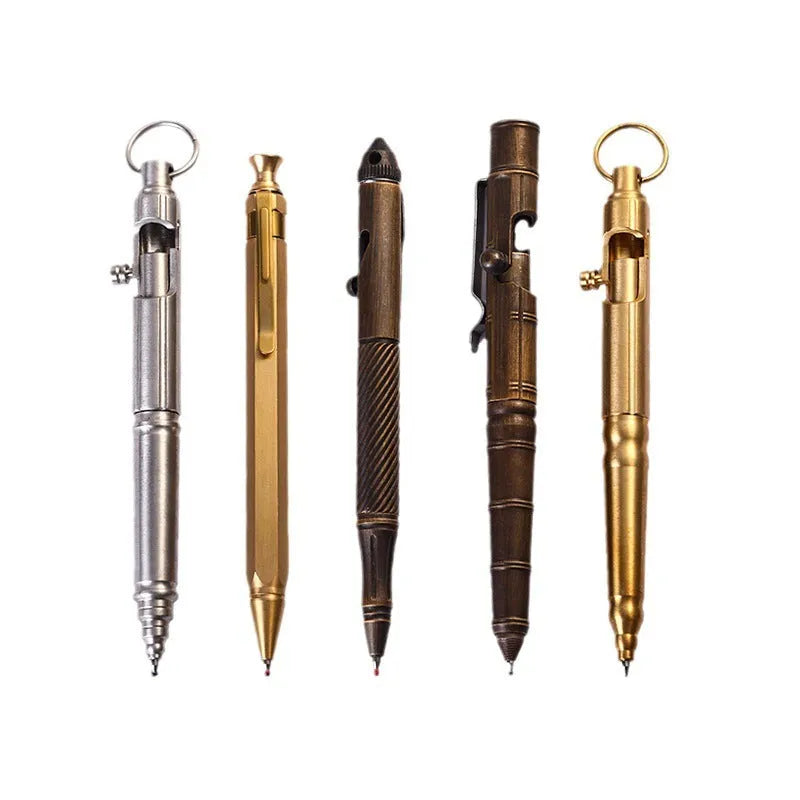Retro brass tactical pen with bolt action mechanism in brushed natural finish