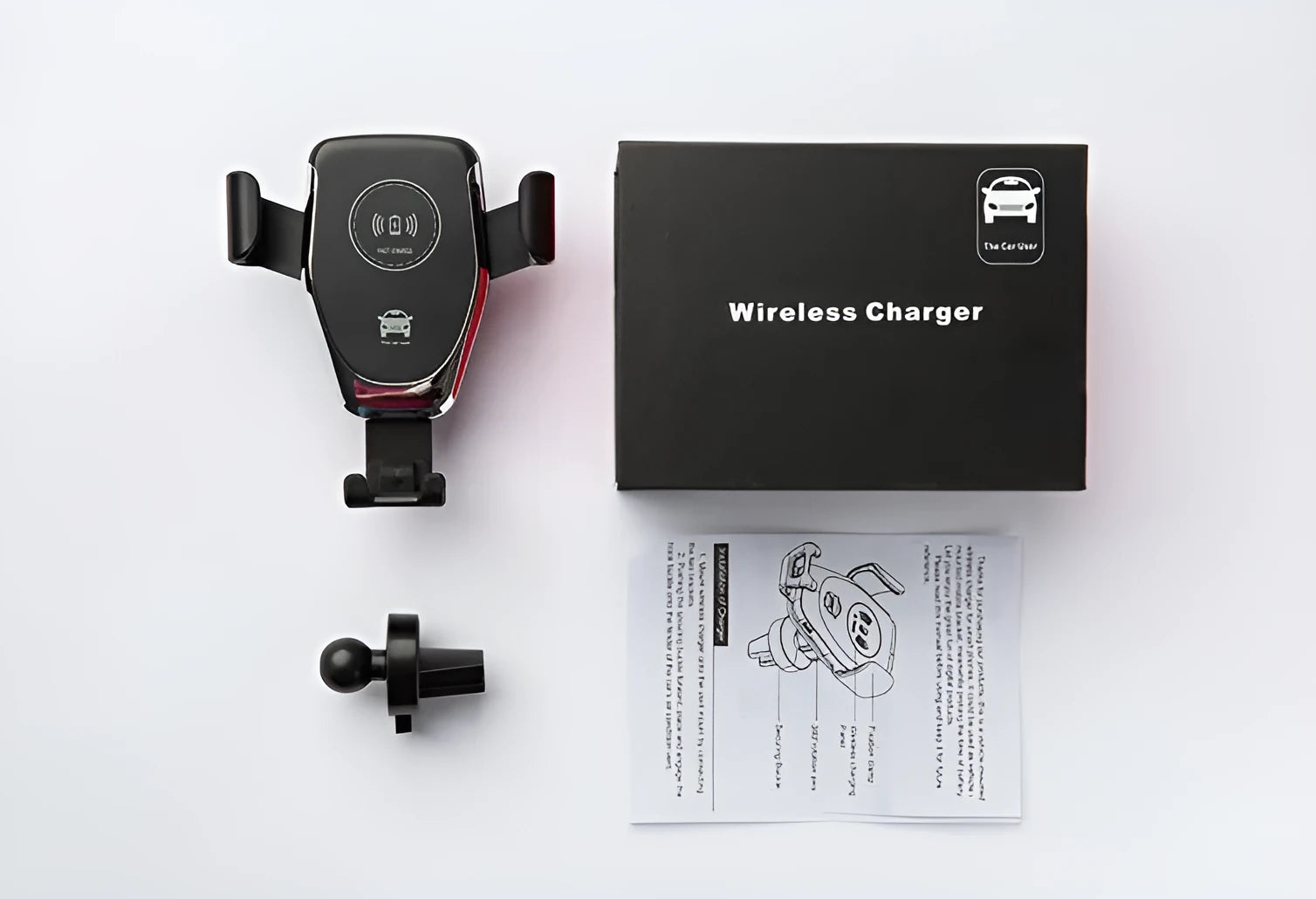 Black wireless car charger with phone clamped, mounted on a car ventilation vent.