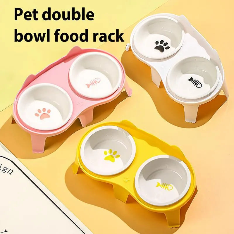Blue ceramic cat food and water bowls in an elevated white ABS plastic stand with a hook
