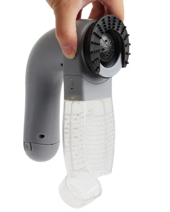Grey portable electric pet hair vacuum cleaner with soft rubber head for grooming dogs and cats
