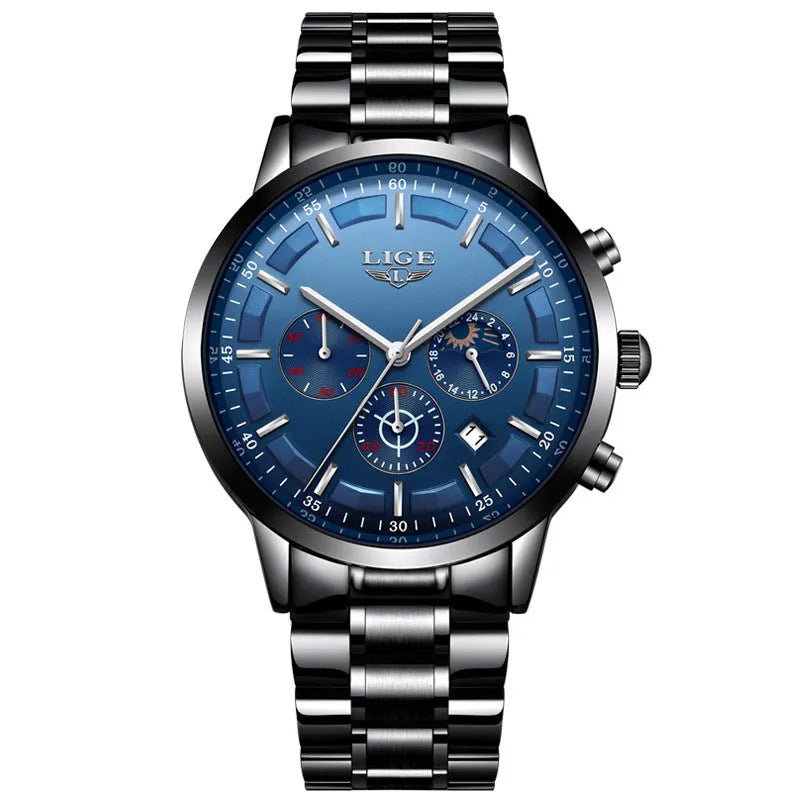 Men's black and rose red gold waterproof sports watch with quartz movement on wrist.