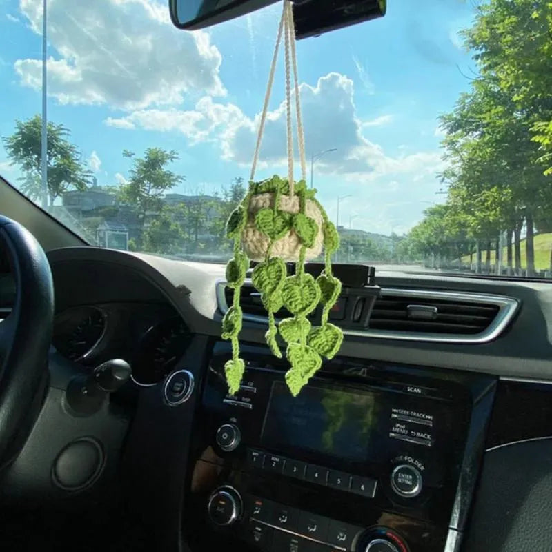 Green and white knitted wool car plant decoration with 25cm hanging rope