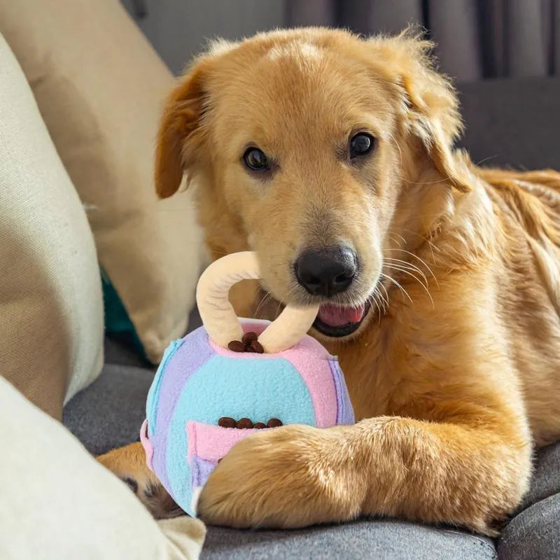 Pink and green plush dog ball toy with treat pockets and squeaker for small to medium dogs