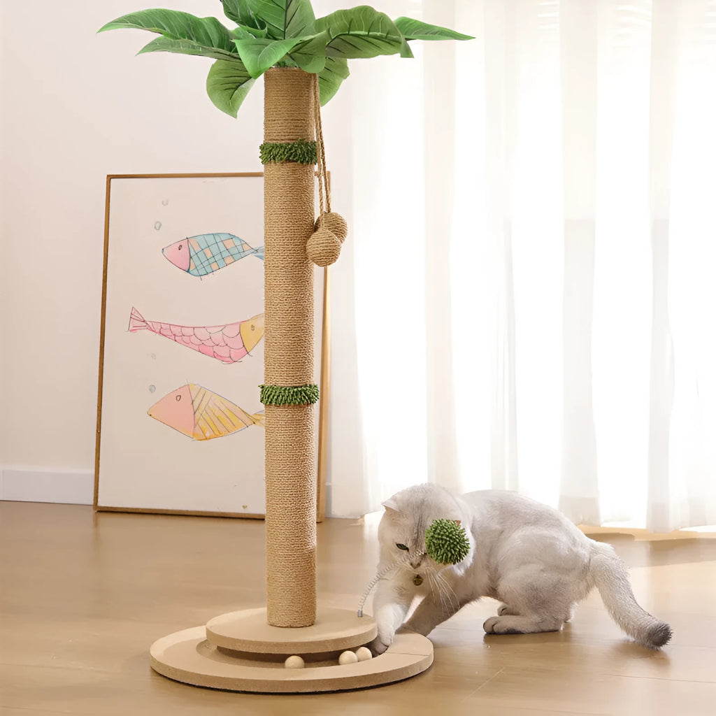 Vertical cat climbing frame with hemp rope wrapped posts on a density board base in canna colour