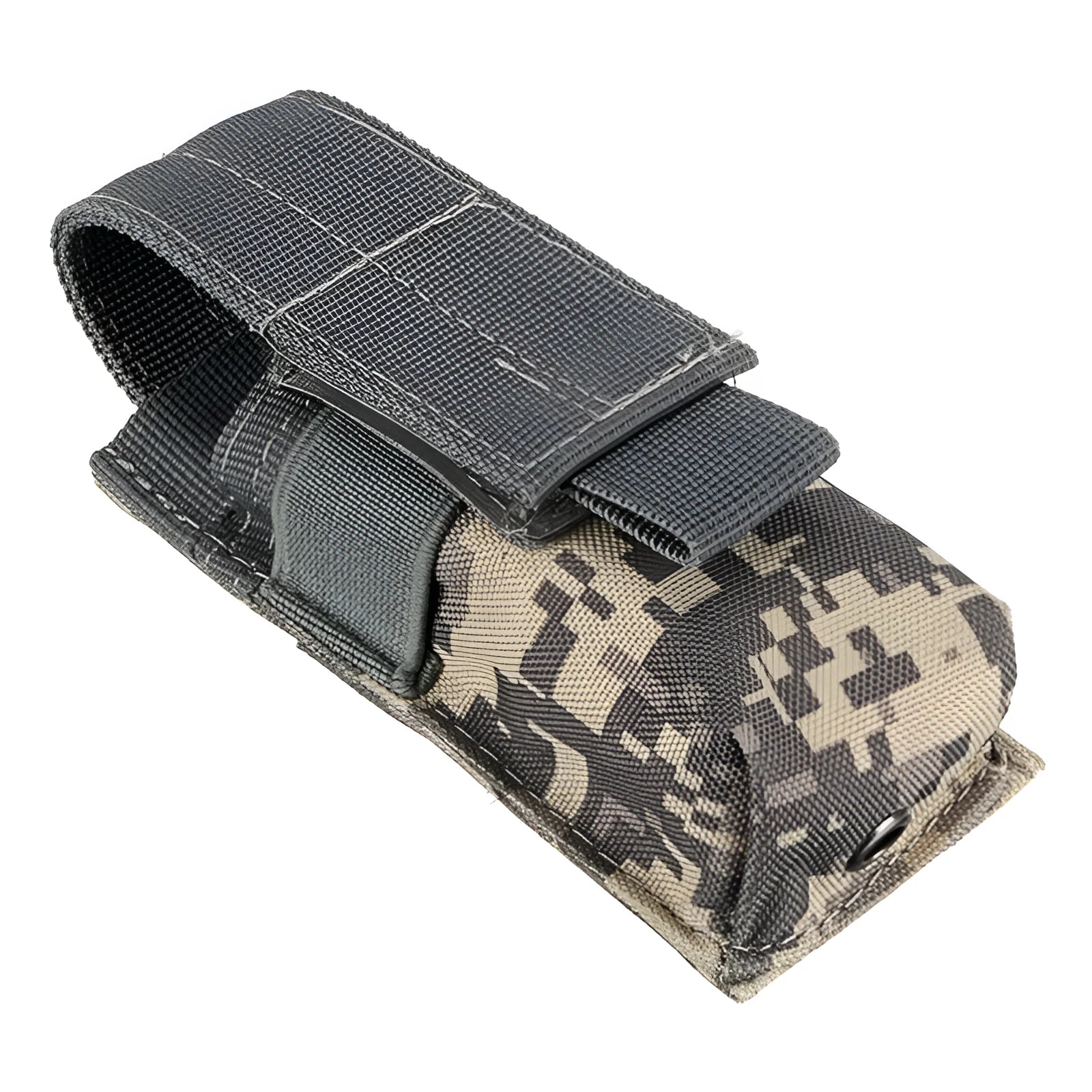 Black tactical MOLLE pistol magazine pouch with elastic cord closure, shown on a vest.