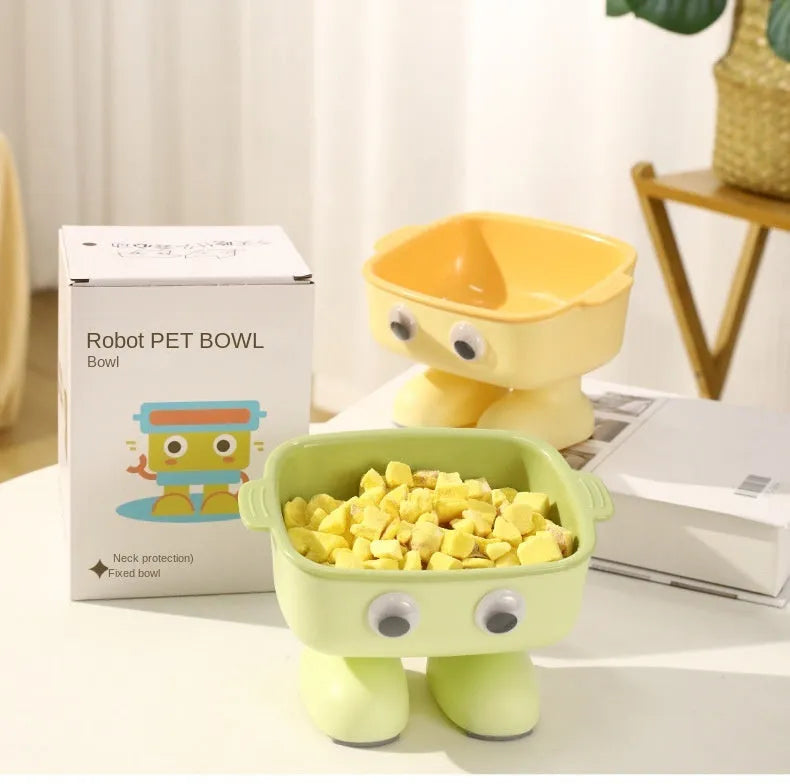 Elevated robot-shaped cat bowl with tilted design and detachable inner bowl in green colour