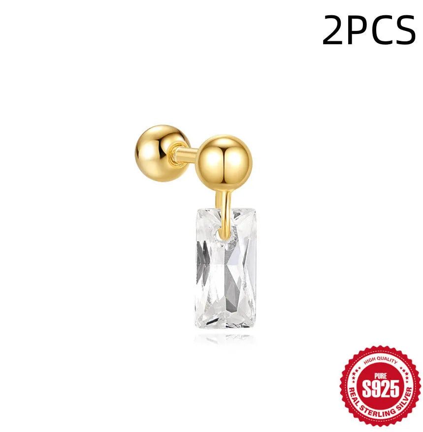 S925 sterling silver red flower stud earrings with square gravel texture in a gold colour.