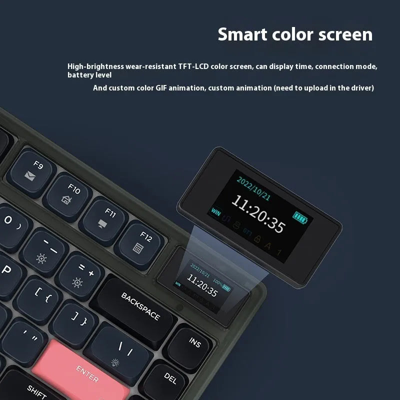 AJAZZ AK832PRO mechanical keyboard with colour screen showing settings display
