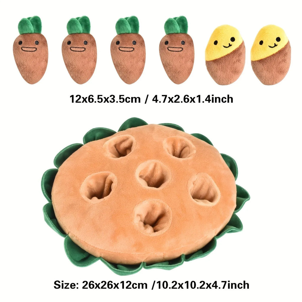 Yellow interactive dog puzzle toy with removable squeaky plush toys and foraging compartments