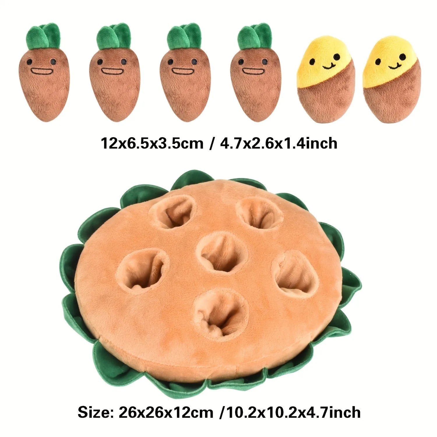 Yellow interactive dog puzzle toy with removable squeaky plush toys and foraging compartments