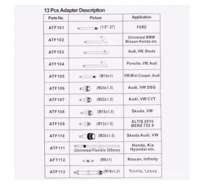 Thirteen piece automatic transmission fluid refuelling tool kit with wave box connector and pump.