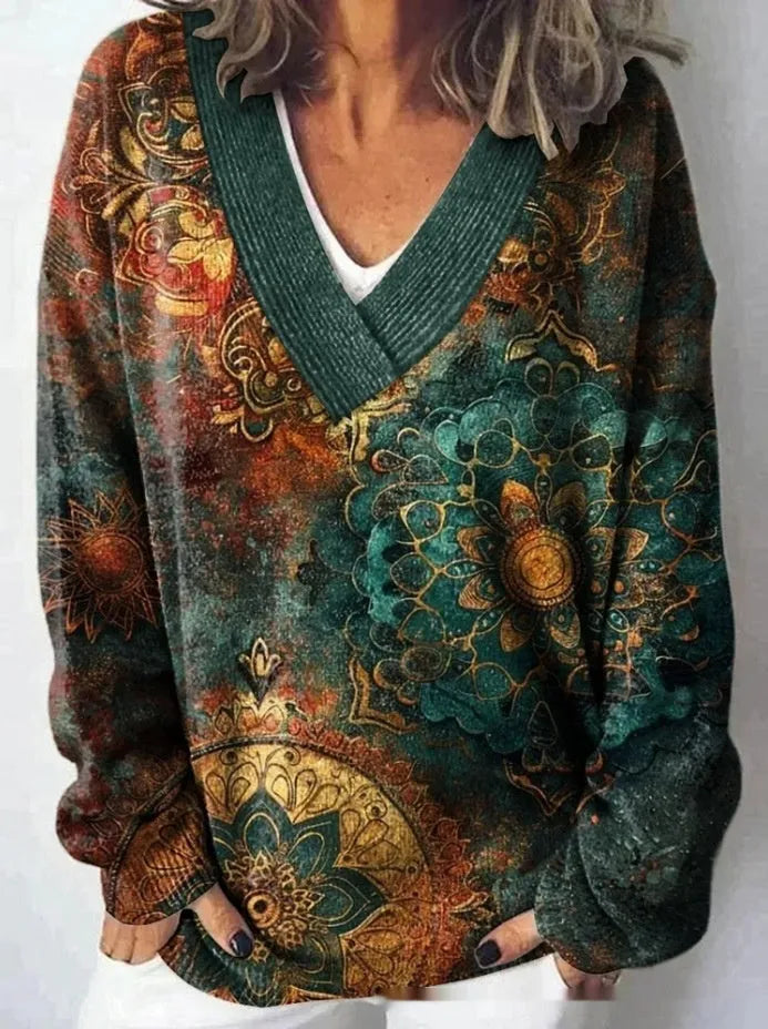 Women's V-neck sweatshirt with 3D floral pattern print and long sleeves