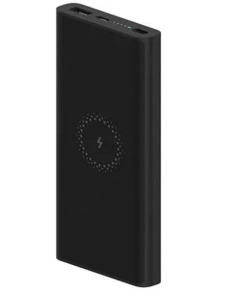 White or black 10000mAh power bank with USB-C port and wireless charging