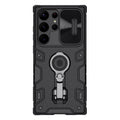 Samsung S23 Ultra black shockproof case with lens cover closed and ring bracket extended