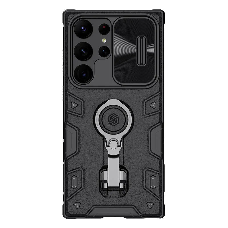Samsung S23 Ultra black shockproof case with lens cover closed and ring bracket extended
