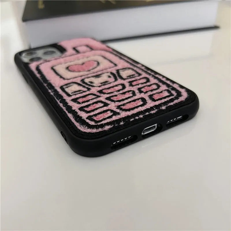 Pink TPU iPhone case with embroidered towel design for iPhone 11-15 models
