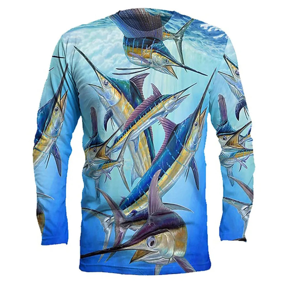 Men's grey pullover sweater with a detailed all-over fish print, featuring a round neck and long sleeves.