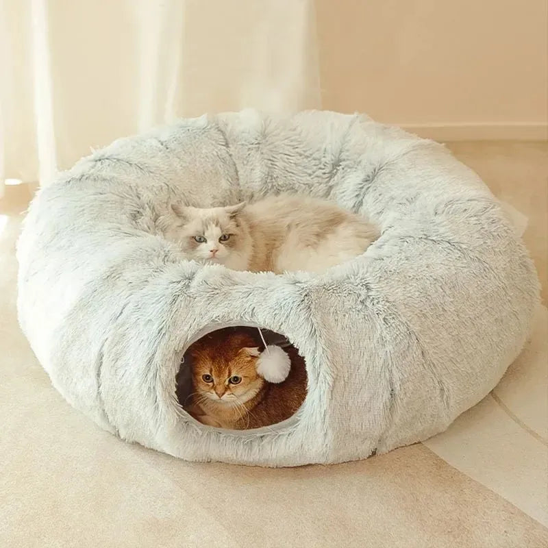 Grey plush cat bed cushion 85x85x26cm on floor, warm winter pet sleeping mat
