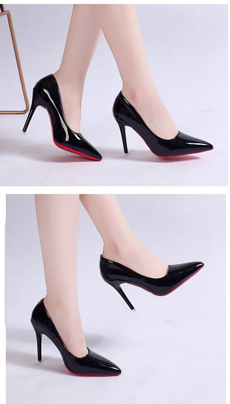 Women's solid colour pointed toe stiletto heel pumps on a white background.