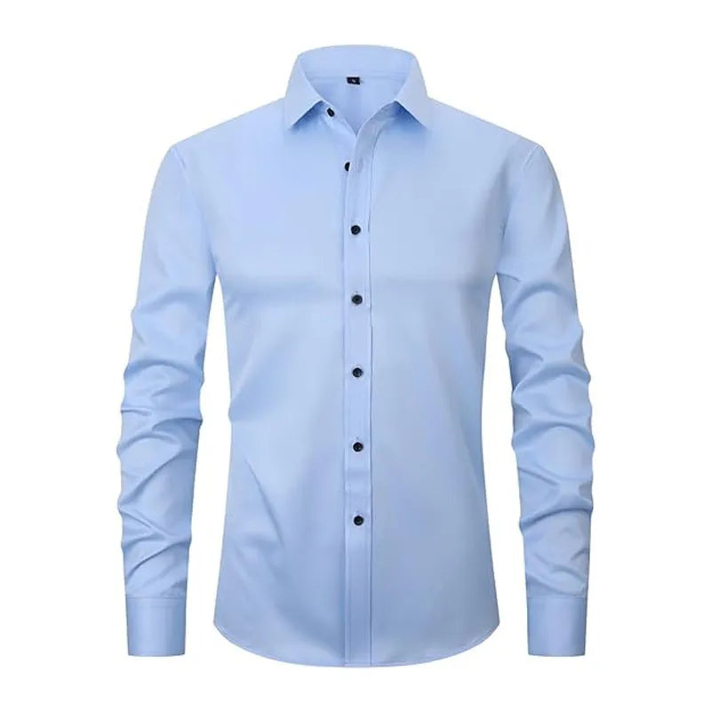 Man wearing a stretch long sleeve polyester work shirt in a neutral colour.