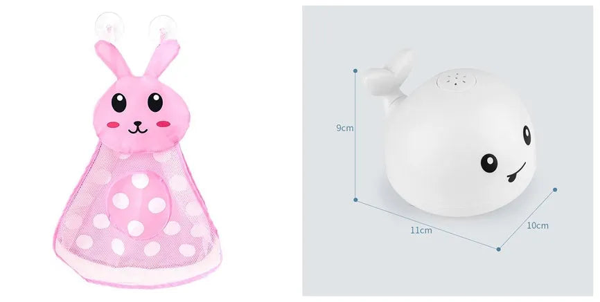 White and blue whale-shaped bath toy with water spray and LED lights floating in water