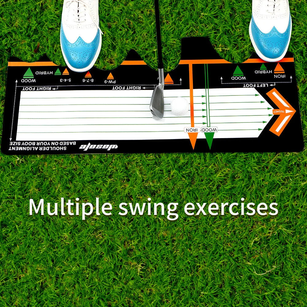 Black neoprene golf swing posture correction pad on a green surface