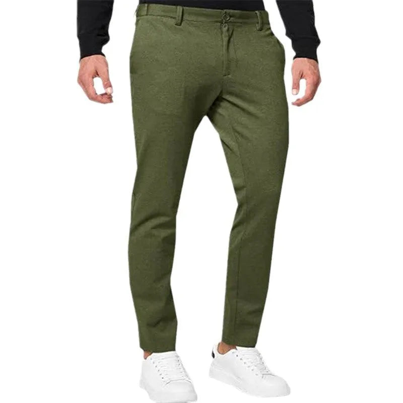 Men's slim-fit tapered chino trousers in cotton blend fabric showing five colour options