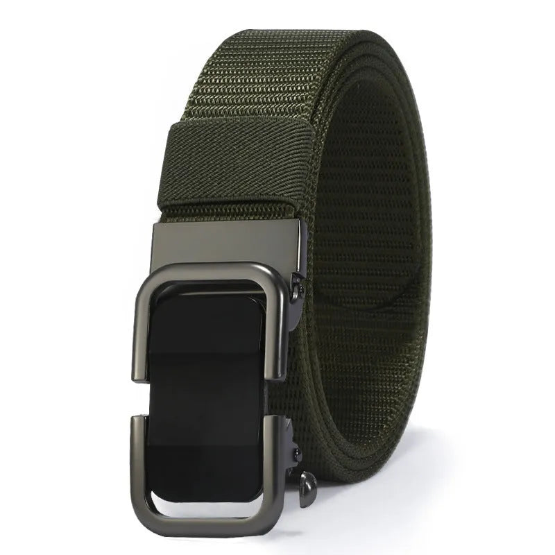 Toothless nylon canvas men's belt with alloy buckle shown in multiple colour options