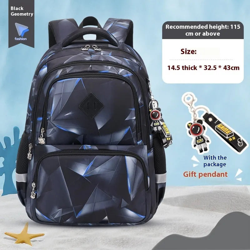 Blue dinosaur pattern children's waterproof school backpack with curved straps on a white background.