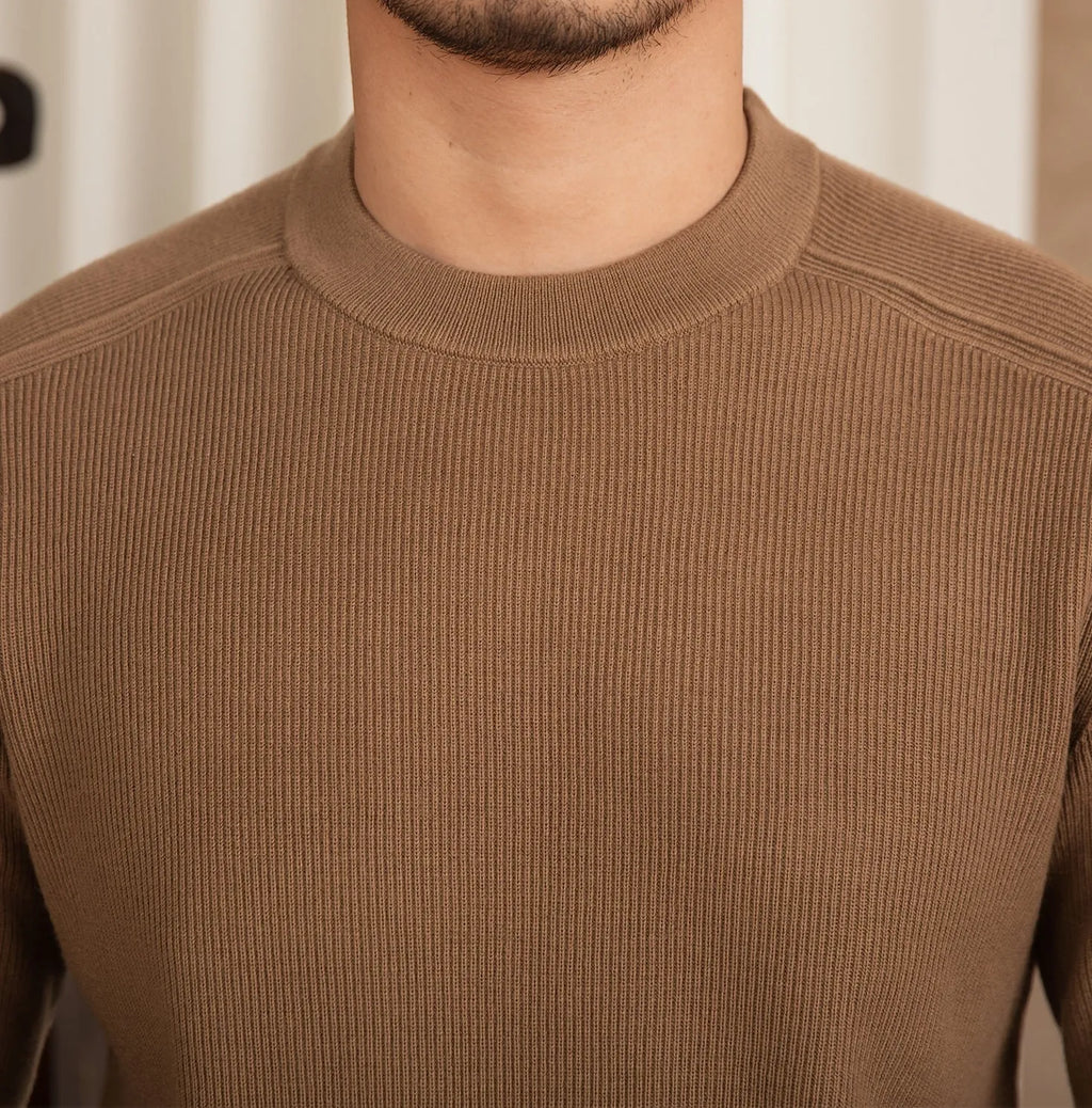 Men's slim-fit retro casual knitted wool-blend shirt in Brown, front view