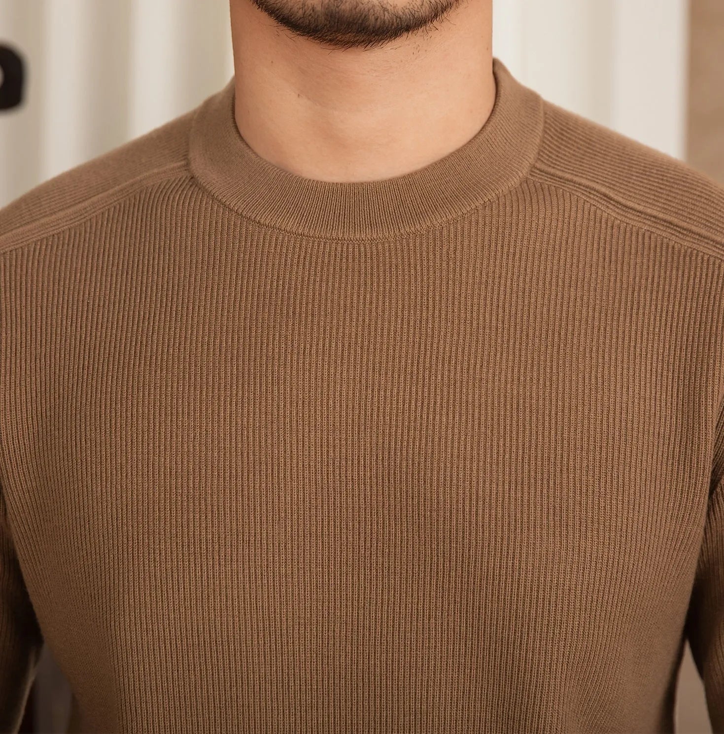 Men's slim-fit retro casual knitted wool-blend shirt in Brown, front view