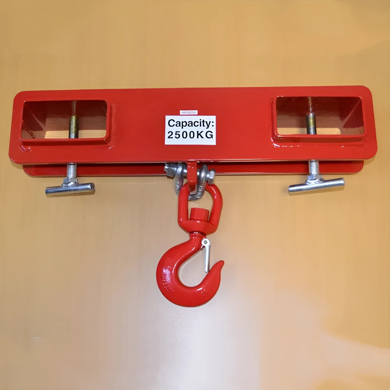 MK forklift rotatable crane hook with safety locking device mounted on forklift forks.