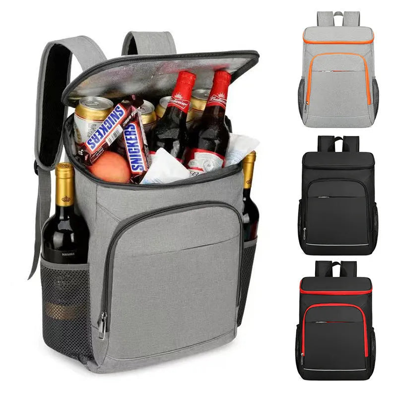 Large black outdoor backpack with curved shoulder straps showing expansion compartments for thermal picnic storage