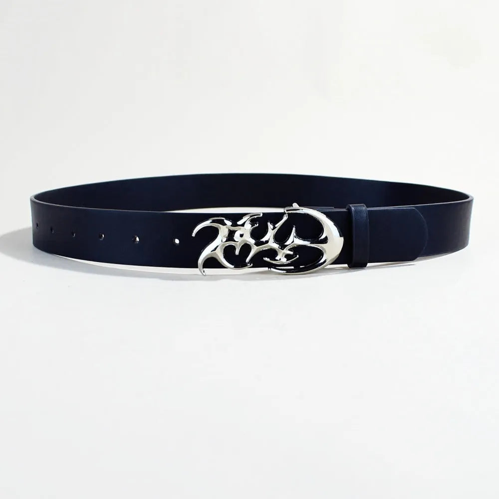 Casual silver buckle belt with PU leather strap in 105cm length and 3.3cm width