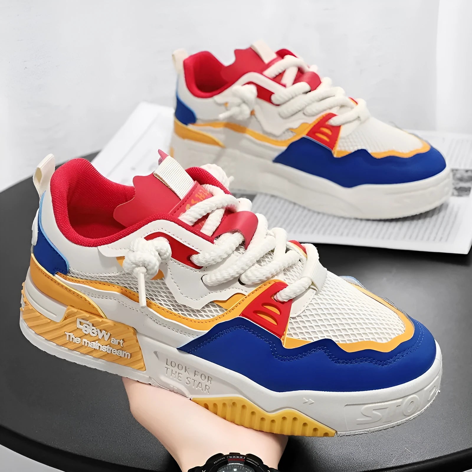 Men's low-top canvas board shoes in a colour-matched pattern with a flat rubber sole.