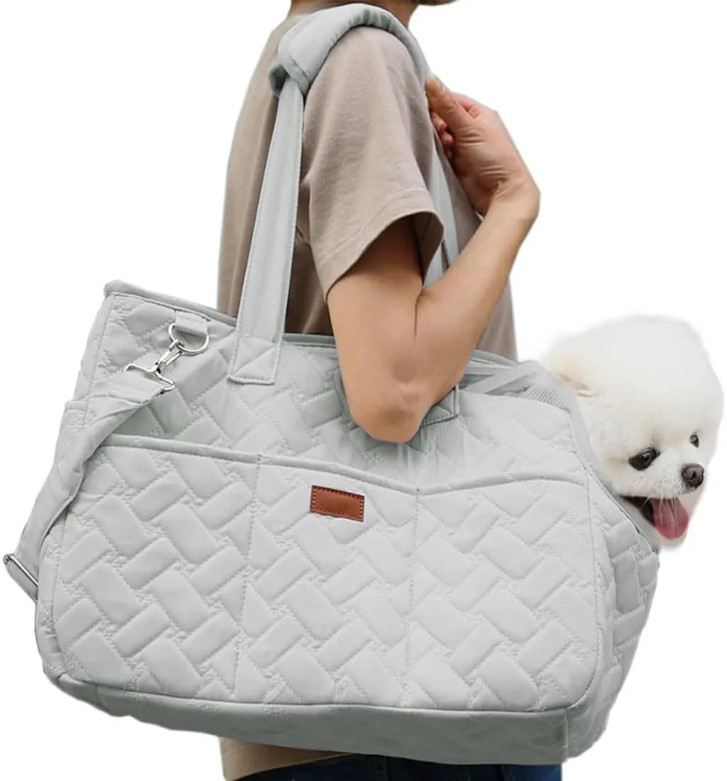 Gray nylon pet carrier handbag with mesh windows and multiple pockets for small cats and dogs